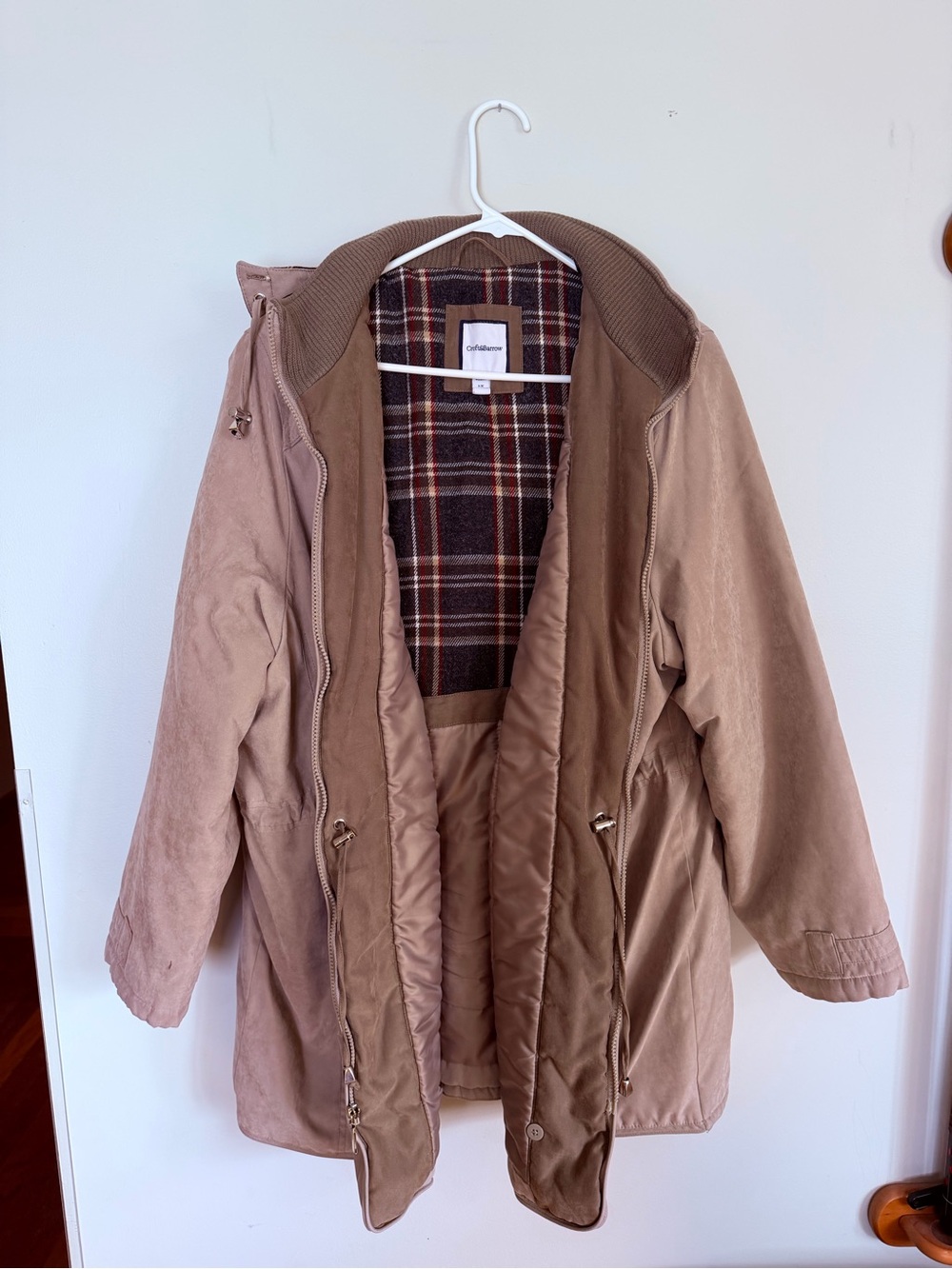 croft & barrow Mauve-Tan Hooded Puffer Coat with Plaid Lining
